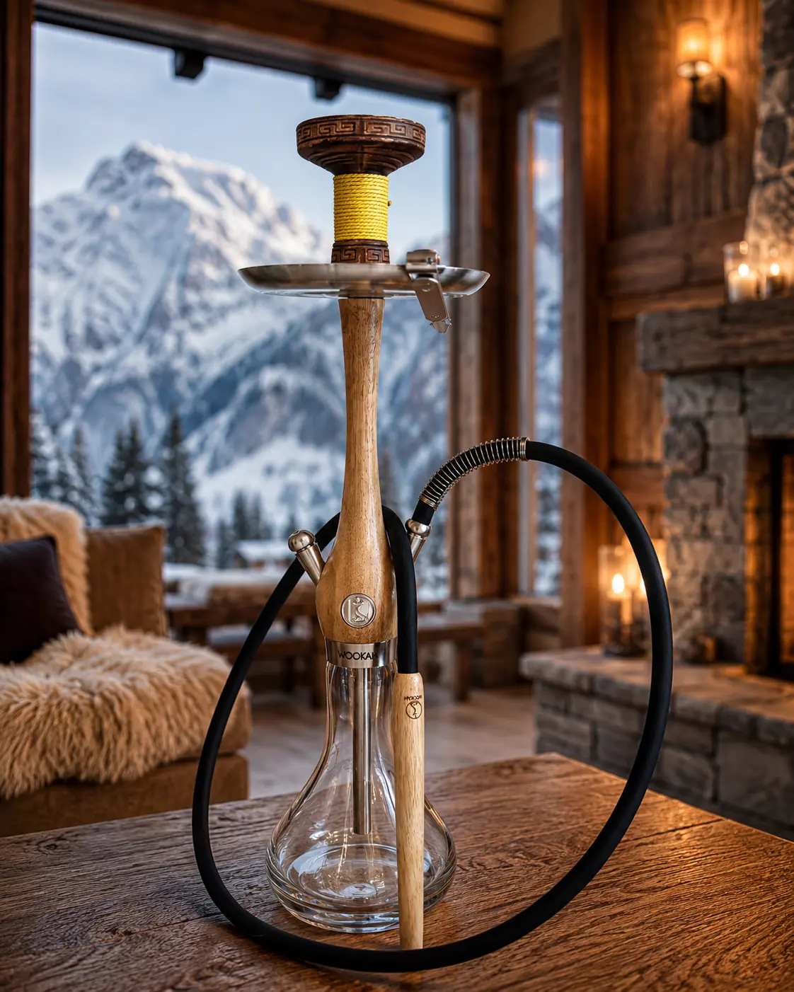 Chicha premium WOOKAH en bois exotique installée pour un après-ski dans un chalet alpin